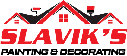 This is an image from Slavik's Painting & Decorating, located in Illinois. The logo for Slavik's Painting & Decorating features bold red company text with a red roofline and window graphic above it.