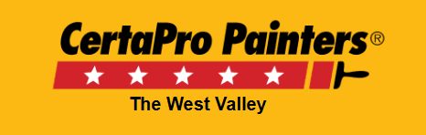 This is an image from CertaPro Painters The West Valley, located in Arizona. The logo for CertaPro Painters The West Valley features bold black text on a yellow background with a red paintbrush graphic, white stars, and The West Valley written underneath.