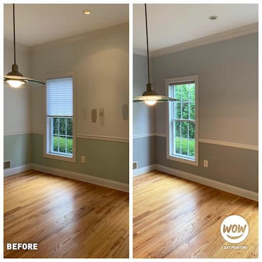 Interior painting project by WOW 1 DAY PAINTING Asheville in Asheville, NC. The image shows tan walls, white chair rail trim, wood floors, windows, and pendant lights.