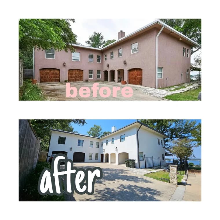"This is an image from Reyes Painting Co., located in Texas. The before-and-after comparison shows a two-story home with its original faded mauve exterior transformed into a bright white finish with dark trim."