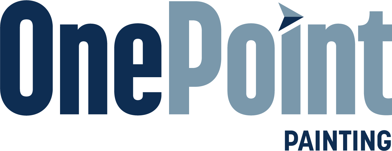 This is an image from OnePoint Painting, located in Texas. The logo for OnePoint Painting features bold blue and light blue lettering with a small arrow shape integrated into the letter 'i'.