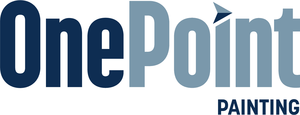 This is an image from OnePoint Painting, located in Texas. The logo for OnePoint Painting features bold blue and light blue lettering with a small arrow shape integrated into the letter 'i'.