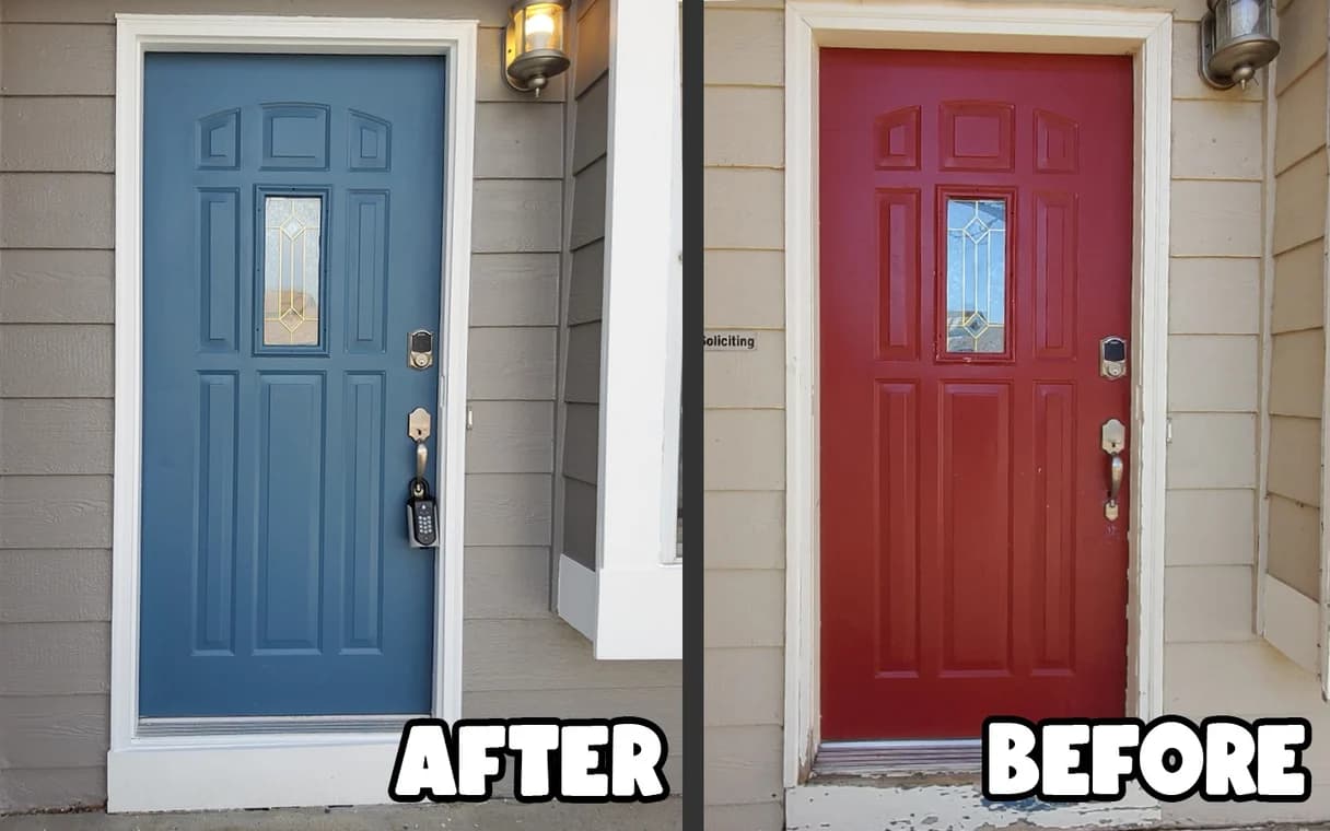 This is an image from Paint Pals company, located in Timnath, CO The image is a before and after front door painting transformation – faded red door repainted to bold blue with white trim by Paint Pals professional painters.