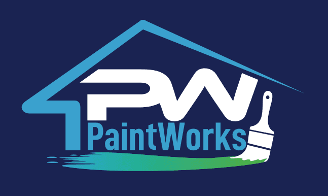 This is an image from PaintWorks, located in Arizona. The logo for PaintWorks features a blue house outline with bold white 'PW' lettering, a paintbrush, and a green grass accent on a navy background.