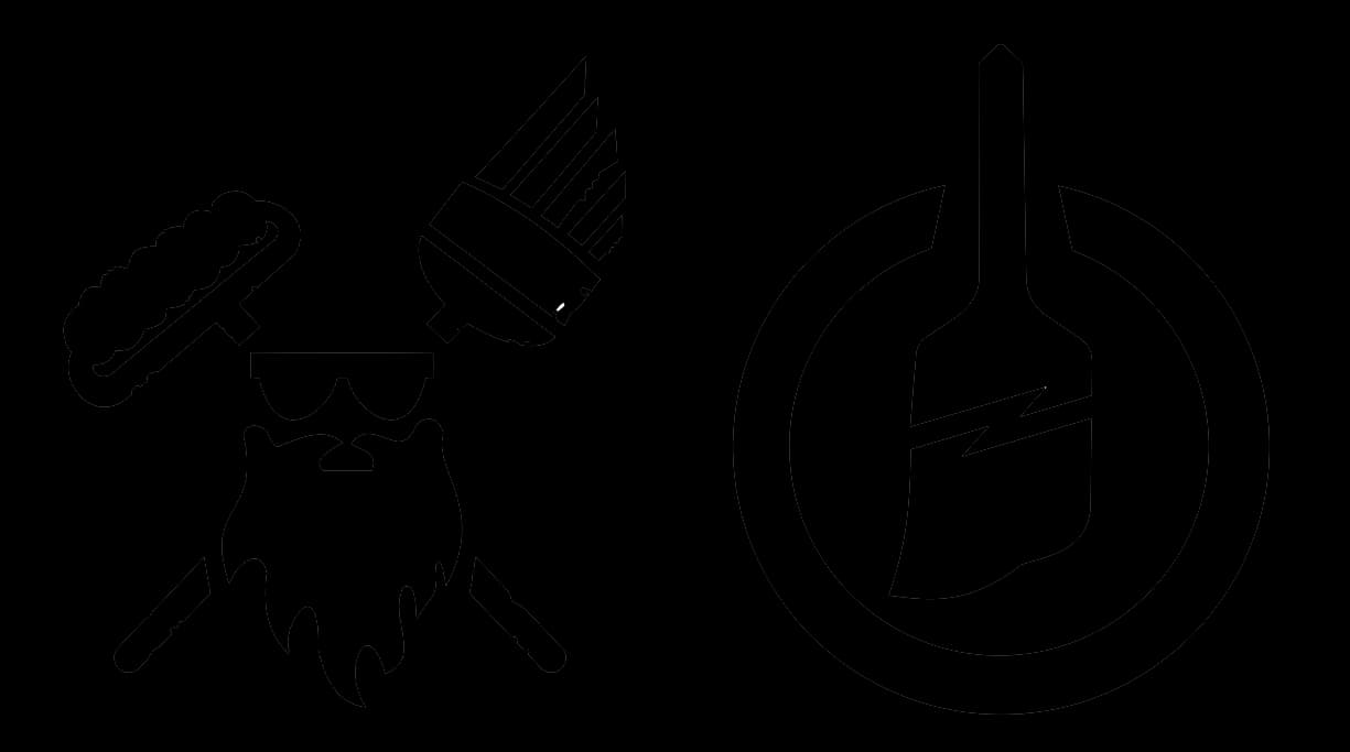 This is an image from Brushmen and Standby Bros company, located in Lansing, MI The image is a Brushmen and Standby Bros logo featuring a stylized paintbrush character and power button icon, representing professional painting and handyman services.