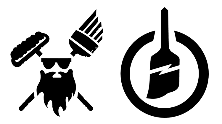 This is an image from Brushmen and Standby Bros company, located in Lansing, MI The image is a Brushmen and Standby Bros logo featuring a stylized paintbrush character and power button icon, representing professional painting and handyman services.