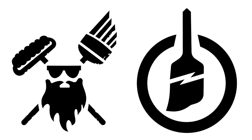 This is an image from Brushmen and Standby Bros company, located in Lansing, MI The image is a Brushmen and Standby Bros logo featuring a stylized paintbrush character and power button icon, representing professional painting and handyman services.