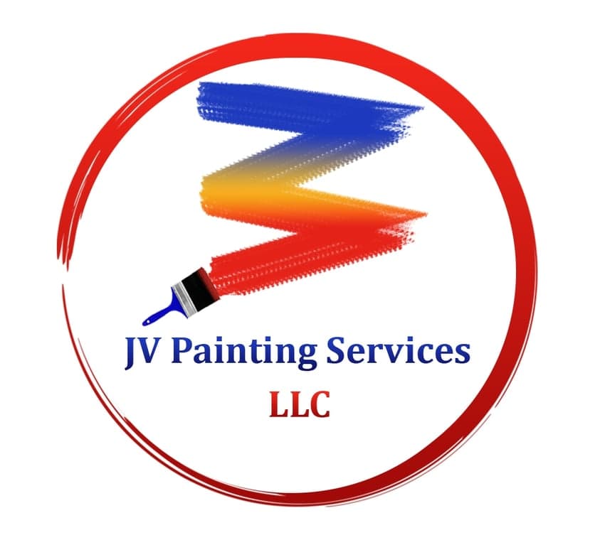This is an image from JV Painting Services, located in North Carolina. This is a logo of JV Painting Services LLC featuring a paintbrush stroke in blue, yellow, and red within a red circular frame, with the company name written below.
