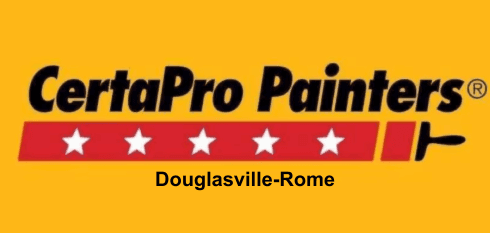 This is an image from CertaPro Painters Douglasville-Rome, located in Georgia. The logo for CertaPro Painters Douglasville-Rome features bold black text on a yellow background with a red banner of five white stars and a paint roller graphic.