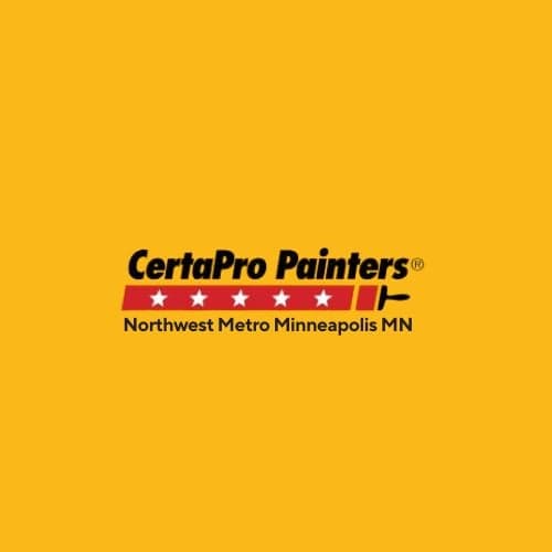 This is an image from CertaPro Painters of Northwest Metro Minneapolis, located in Minnesota. The logo for CertaPro Painters features bold black text with a red horizontal bar, white stars, and a small paintbrush icon on a yellow background.