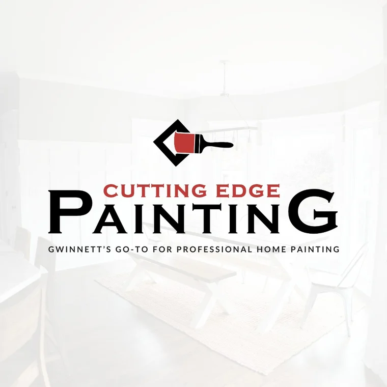 This is an image from Cutting Edge Painting, located in Georgia. The logo for Cutting Edge Painting features bold black and red text with a paintbrush icon dipped in red paint, set against a faded interior dining room background.