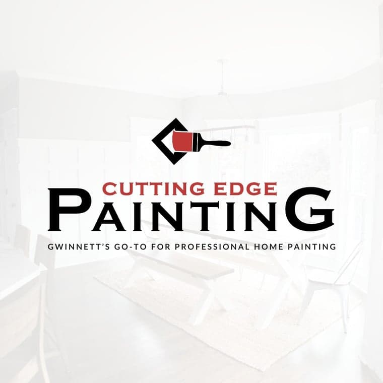 This is an image from Cutting Edge Painting, located in Georgia. The logo for Cutting Edge Painting features bold black and red text with a paintbrush icon dipped in red paint, set against a faded interior dining room background.