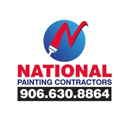 This is an image from National Painting Contractors company, located in Sault Ste. Marie, MI The image is a National Painting Contractors logo featuring a red 'N' shaped paint stroke over a blue circle with a paintbrush design, and contact phone number 906-630-8864
