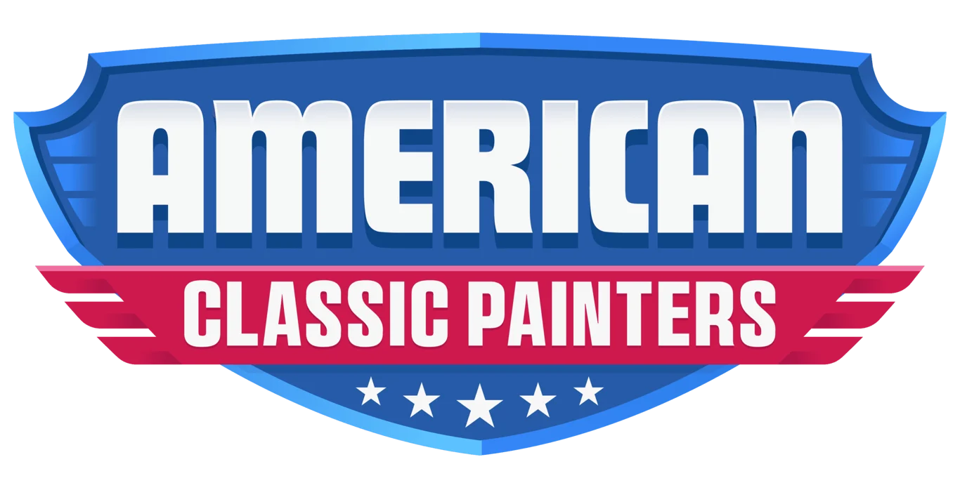 This is an image from American Classic Painters, located in Washington. The logo for American Classic Painters features bold white lettering on a blue shield design with a red banner and white stars.
