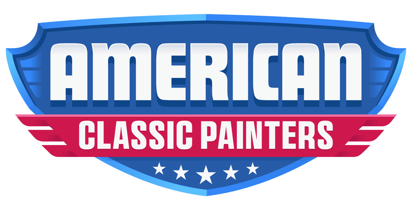 This is an image from American Classic Painters, located in Washington. The logo for American Classic Painters features bold white lettering on a blue shield design with a red banner and white stars.