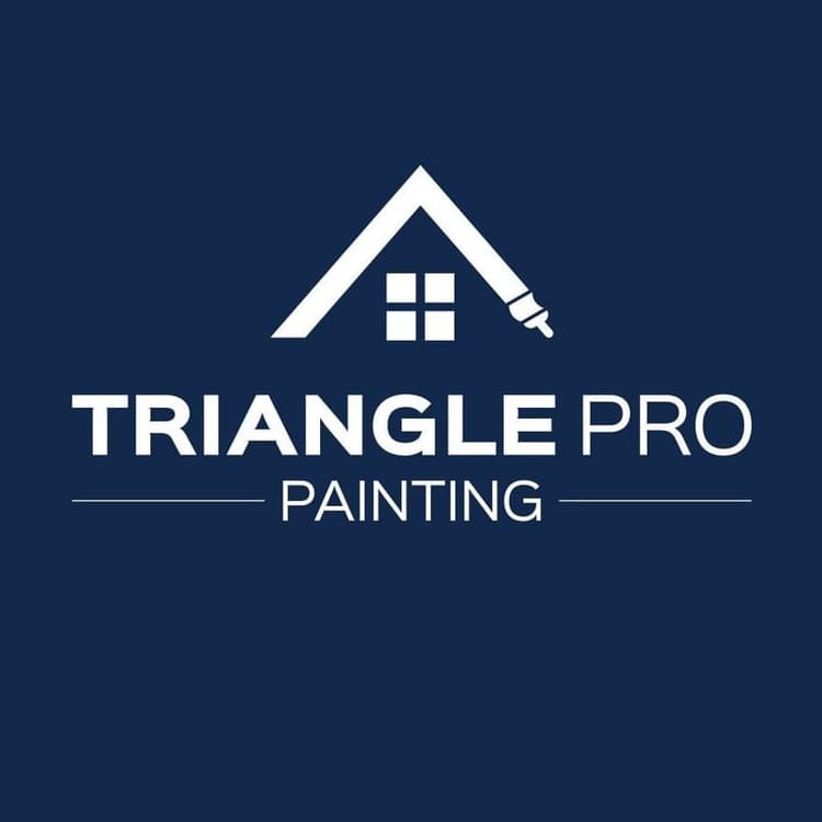 This is an image from Triangle Pro Painting, located in North Carolina. The logo for Triangle Pro Painting features a white roof outline with a window and a paintbrush icon, displayed above bold white text on a dark blue background.