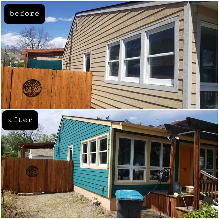 This is an image from Brush Brothers Painting LLP company, located inGolden, CO The image is a before and after exterior siding painting, showing beige clapboard repainted to teal blue with cream trim by Brush Brothers Painting LLP.