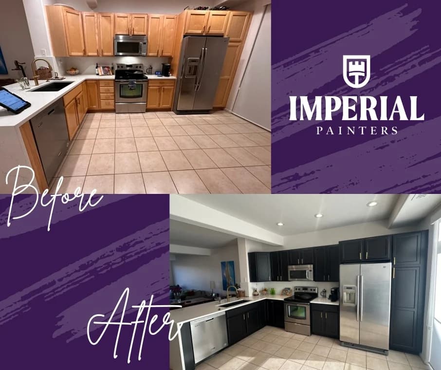 This is an image from Imperial Painters Company, located in Denver, CO The image is a n Imperial Painters kitchen cabinet painting before and after showing transformation from natural wood cabinets to modern black finish in a Denver home.