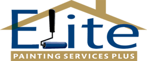 This is an image from Elite Painting Services Plus, located in New York. The logo for Elite Painting Services Plus features blue and gold text with a roofline design and a paint roller integrated into the letter E.