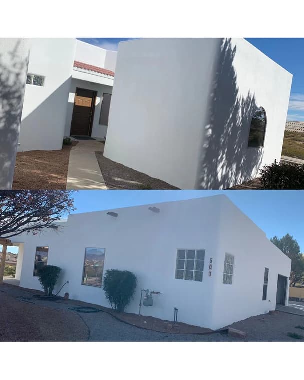 "This is an image from El Paso Paint Kings, located in Texas. The before-and-after image shows a modern stucco home exterior freshly painted bright white with clean, uniform coverage."