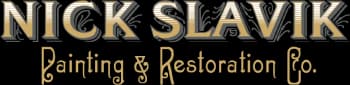 This is an image from Nick Slavik Painting & Restoration Co., located in Minnesota. The logo for Nick Slavik Painting & Restoration Co. features bold gold and black lettering with a classic serif style design."