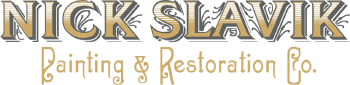 This is an image from Nick Slavik Painting & Restoration Co., located in Minnesota. The logo for Nick Slavik Painting & Restoration Co. features bold gold and black lettering with a classic serif style design."