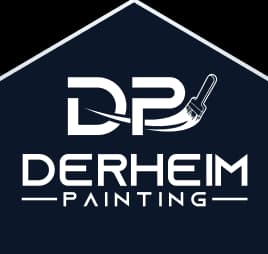 This is an image from Derheim Painting, located in Oklahoma. The logo for Derheim Painting features the initials 'DP' with a paintbrush design integrated into the lettering, set above the company name in bold modern typography inside a house-shaped outline.