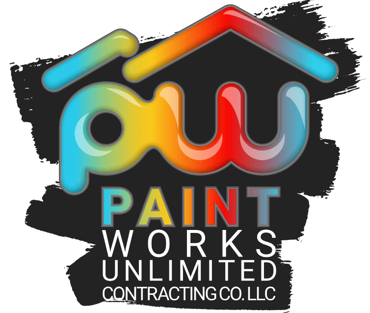 This is an image from Paint Works Unlimited Contracting Co. LLC, located in North Carolina. The logo for Paint Works Unlimited features the initials 'PWU' in bright gradient colors forming a house shape, set against a black paintbrush stroke background.
