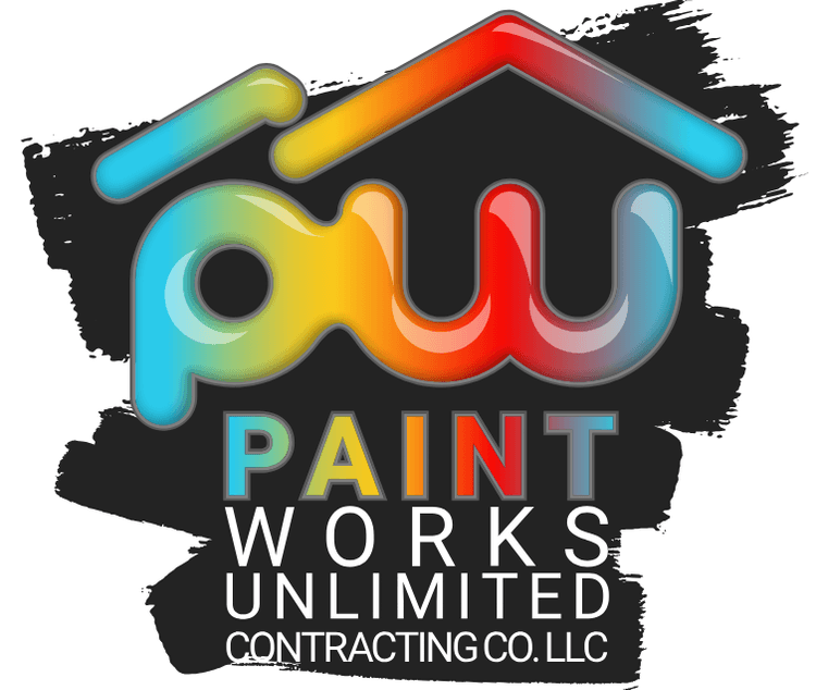 This is an image from Paint Works Unlimited Contracting Co. LLC, located in North Carolina. The logo for Paint Works Unlimited features the initials 'PWU' in bright gradient colors forming a house shape, set against a black paintbrush stroke background.