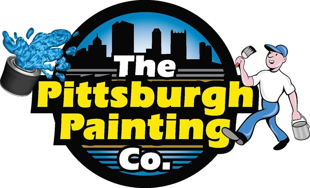 This is an image from The Pittsburgh Painting Co., located in Pennsylvania. The logo for The Pittsburgh Painting Co. features bold yellow text over a black circular background with a city skyline, a paint splash graphic, and a cartoon painter holding a brush and bucket.