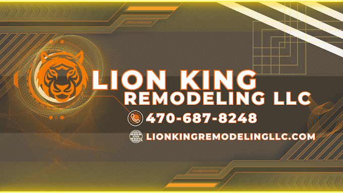 This is an image from Lion King Remodeling LLC, located in Georgia. The logo for Lion King Remodeling LLC features an orange lion head icon with bold white and orange text on a dark geometric background.