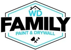 Logo of WD Family Paint & Drywall, featuring a hexagon design with bold lettering and a small house and paintbrush icon above the name.