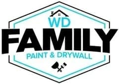Logo of WD Family Paint & Drywall, featuring a hexagon design with bold lettering and a small house and paintbrush icon above the name.