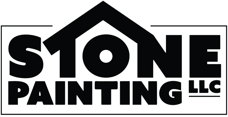 This is an image from Stone Painting. The image shows the Stone Painting LLC logo featuring bold black lettering with a roofline design incorporated above the text.