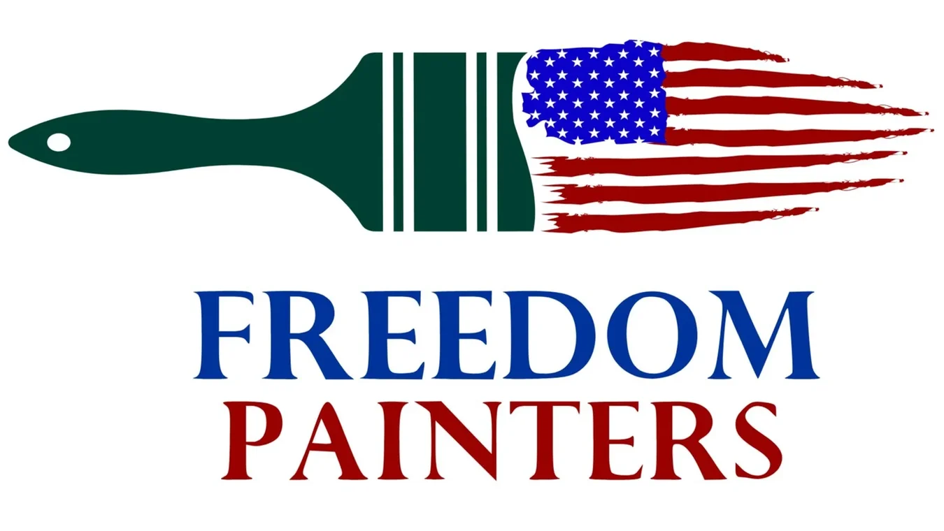 "This is an image from Freedom Painters, located in Texas. The logo for Freedom Painters features a paintbrush with an American flag design on the bristles and the company name in bold red and blue text."