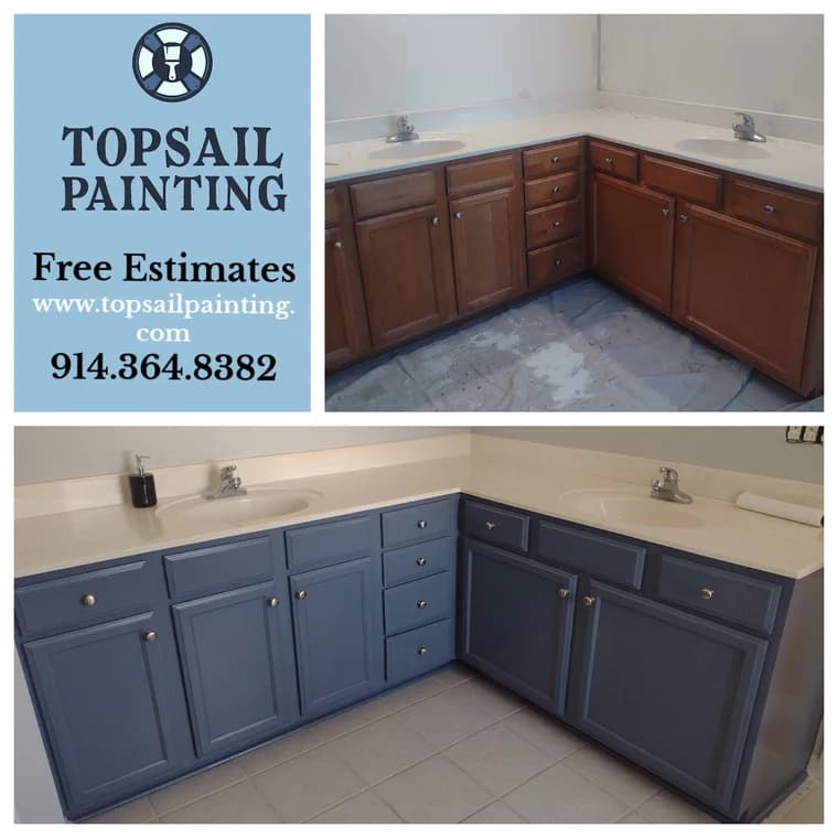 This is an image from Topsail Painting, located in North Carolina. This is a deck renovation by Topsail Painting, showing before-and-after images of a weathered wooden deck transformed with a fresh white paint finish and lattice detail.