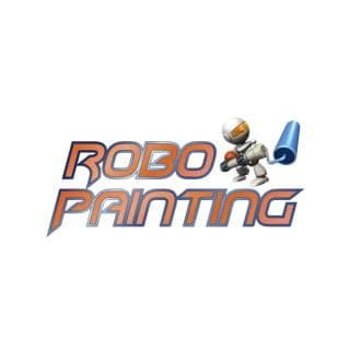 This is an image from Robo Painting LLC company, located in Glendale, AZ The image is a Robo Painting logo featuring futuristic orange and blue text with a cartoon robot holding a paint roller