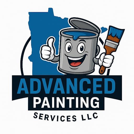 This is an image from Advanced Painting Services LLC, located in Minnesota. The logo for Advanced Painting Services LLC features a smiling paint can mascot holding a brush with bold blue lettering and a Minnesota state silhouette in the background.