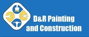 This is an image from D&R Painting and Construction, located in Georgia. The logo for D&R Painting and Construction features bold white text on a blue background alongside a circular graphic with yellow and white painting tools including a paintbrush, roller, and paint can.