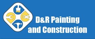This is an image from D&R Painting and Construction, located in Georgia. The logo for D&R Painting and Construction features bold white text on a blue background alongside a circular graphic with yellow and white painting tools including a paintbrush, roller, and paint can.