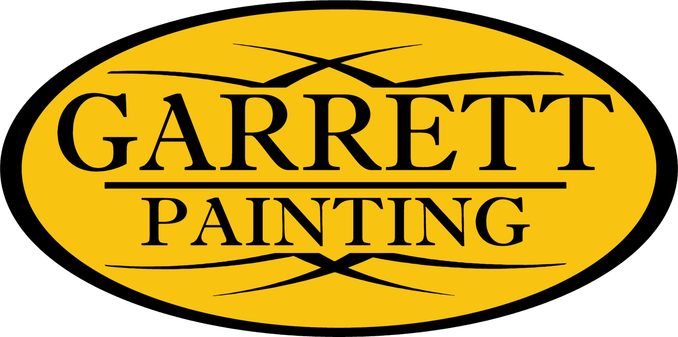 This is an image from Garrett Painting, located in Missouri. The logo for Garrett Painting features bold black lettering on a yellow oval background with decorative accent lines, creating a clean and professional painting company brand mark.