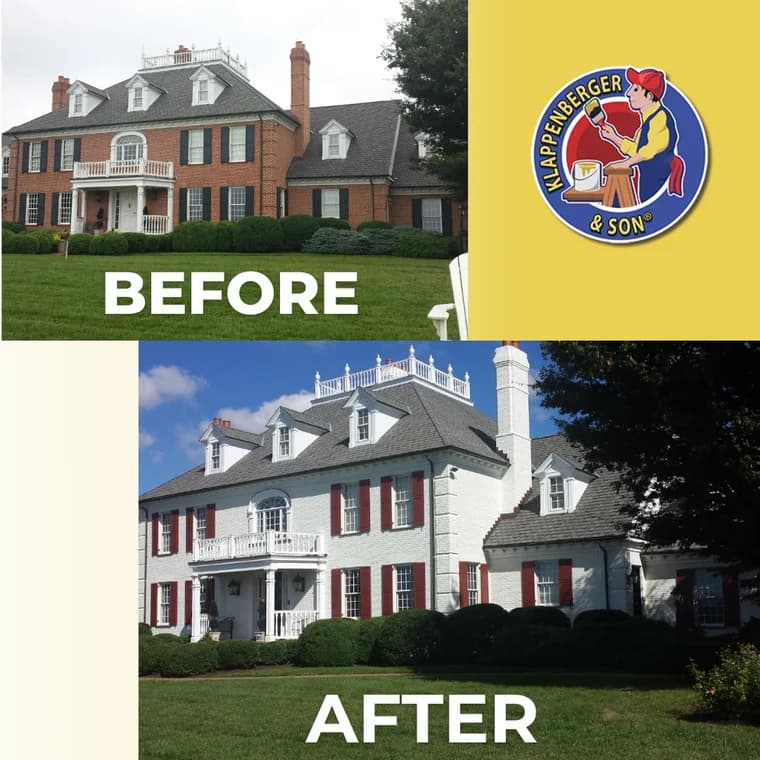 This is an image from Klappenberger & Son, located in Maryland. The before-and-after images show a large brick colonial repainted in white with red shutters and trim.
