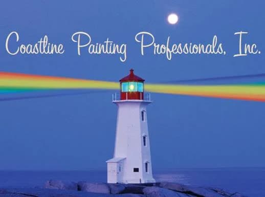 This is an image from Coastline Painting Professionals company, located in Grant-Valkaria, FL. The image is a Coastline Painting Professionals, Inc. logo featuring a white lighthouse at night with rainbow light beams and a full moon over the ocean