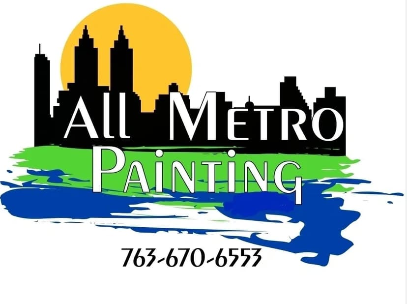 This is an image from All Metro Painting of Blaine, located in Minnesota. The logo for All Metro Painting of Blaine features a city skyline silhouette with a yellow sun, green and blue paint strokes, and the company name in bold lettering.
