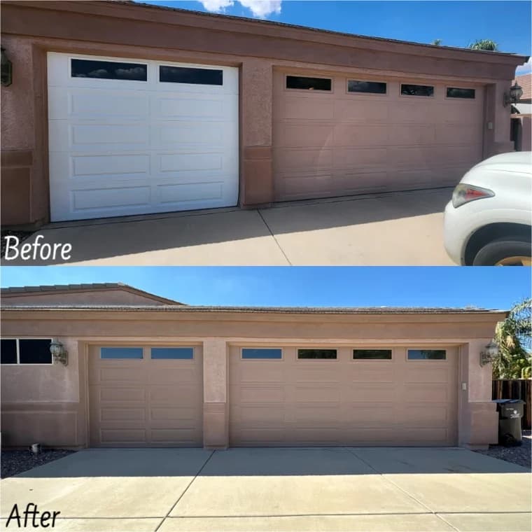 "This is an image from Painter1 of Greater North Austin, located in Texas. The before-and-after exterior image shows mismatched garage doors repainted to a uniform color that matches the home’s exterior."