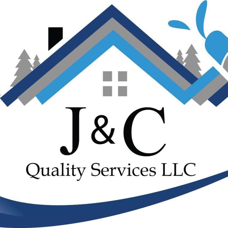 This is an image from J&C Quality Services LLC, located in Washington. The logo for J&C Quality Services LLC features layered blue and gray rooflines with black lettering, tree silhouettes, and leaf graphics representing residential painting and home services.