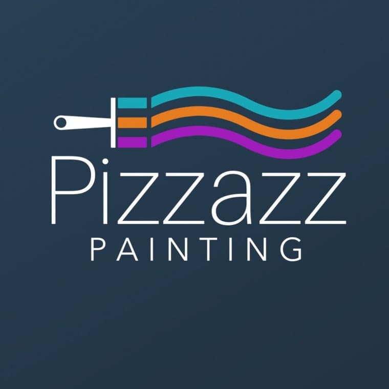 This is the logo of Pizzazz Painting, featuring a colorful paintbrush with flowing teal, orange, and purple strokes above the company name in bold white text on a black background.