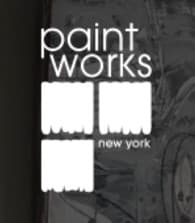 This is an image from Paint Works New York, located in New York. The logo for Paint Works New York features clean white text with three paint brush icons on a dark textured background.