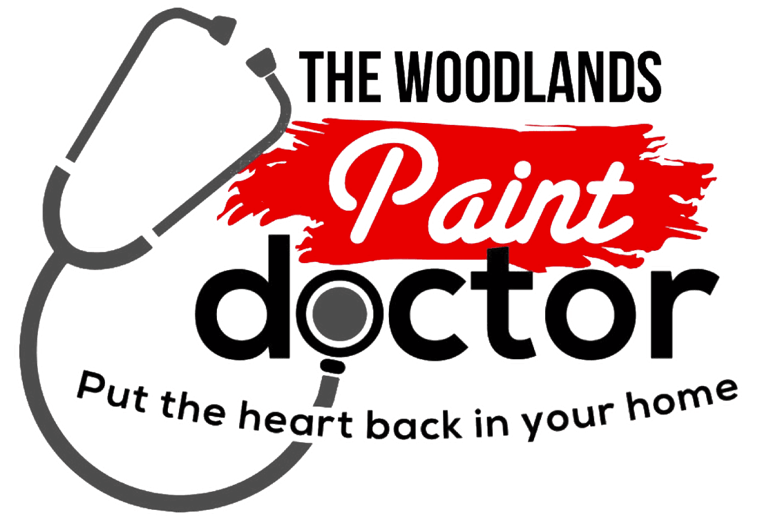 This is an image from The Woodlands Paint Doctor, located in Texas. The logo for The Woodlands Paint Doctor features a stethoscope encircling the word 'doctor' with a red paint-stroke background behind the word 'Paint' and the tagline 'Put the heart back in your home.'