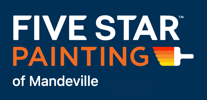 This is an image from Five Star Painting of Mandeville, located in Louisiana. The logo for Five Star Painting features bold navy blue and orange text with a paintbrush icon in gradient shades of red, orange, and yellow.